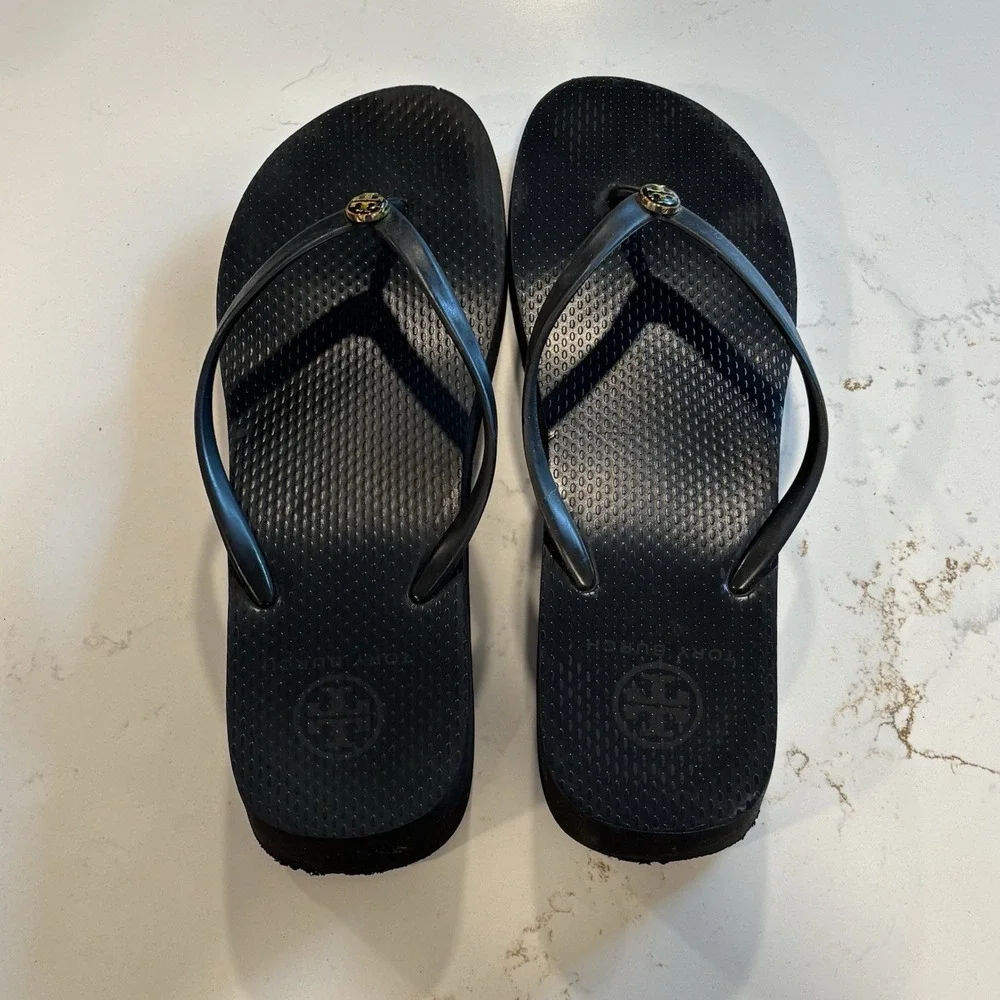 TORY BURCH Wedge Platform FLIP FLOPS rubber sandals Black Women's 8.5